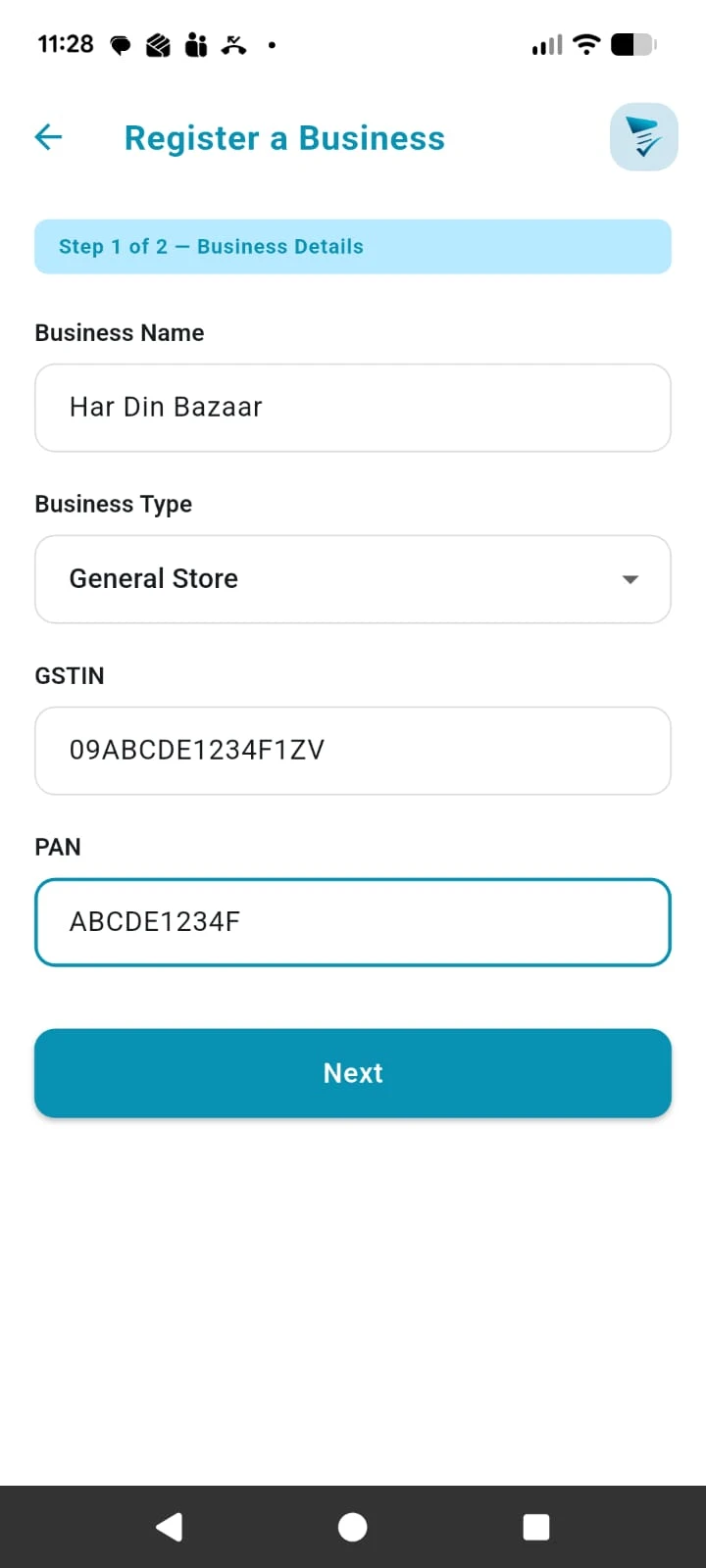 Register business screen
